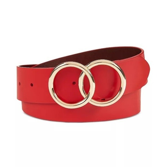INC Red Leather Belt Double Gold Ring‎ Buckle Sz L/XL New Without Tag - Picture 1 of 7